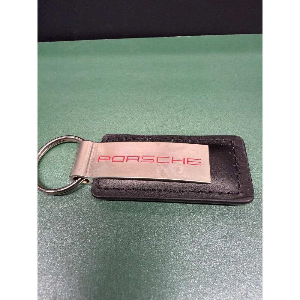 Porsche Southpoint Black Leather Brushed Metal Keychain Red Logo Key Fob